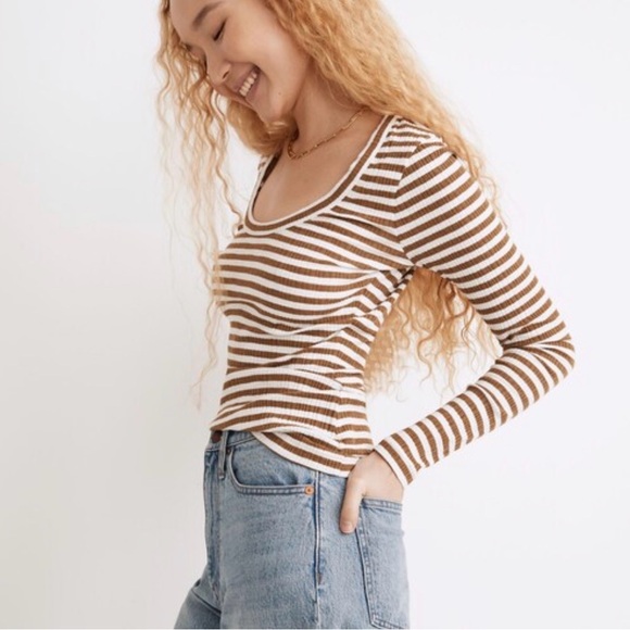 Madewell Pointelle Square-Scoop Tee Weathered Olive Striped Ribbed Shirt Medium - Picture 3 of 11